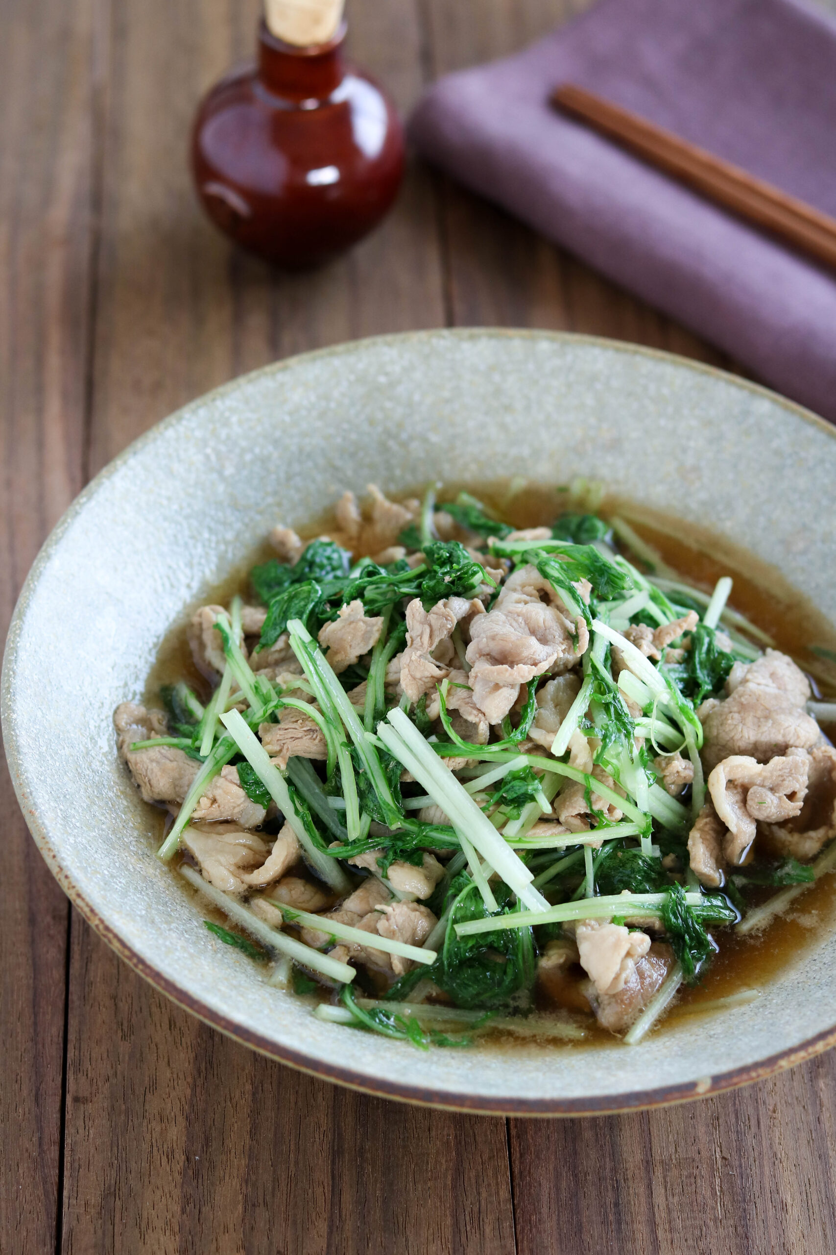 さっと煮るだけ『豚こまと水菜の煮浸し』